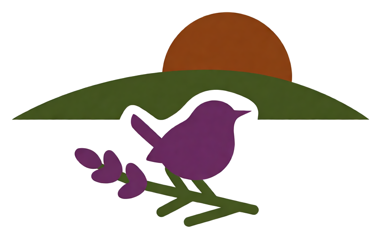 Moorwren logo: a wren on a sprig of heather in front of a moorland hill at sunset